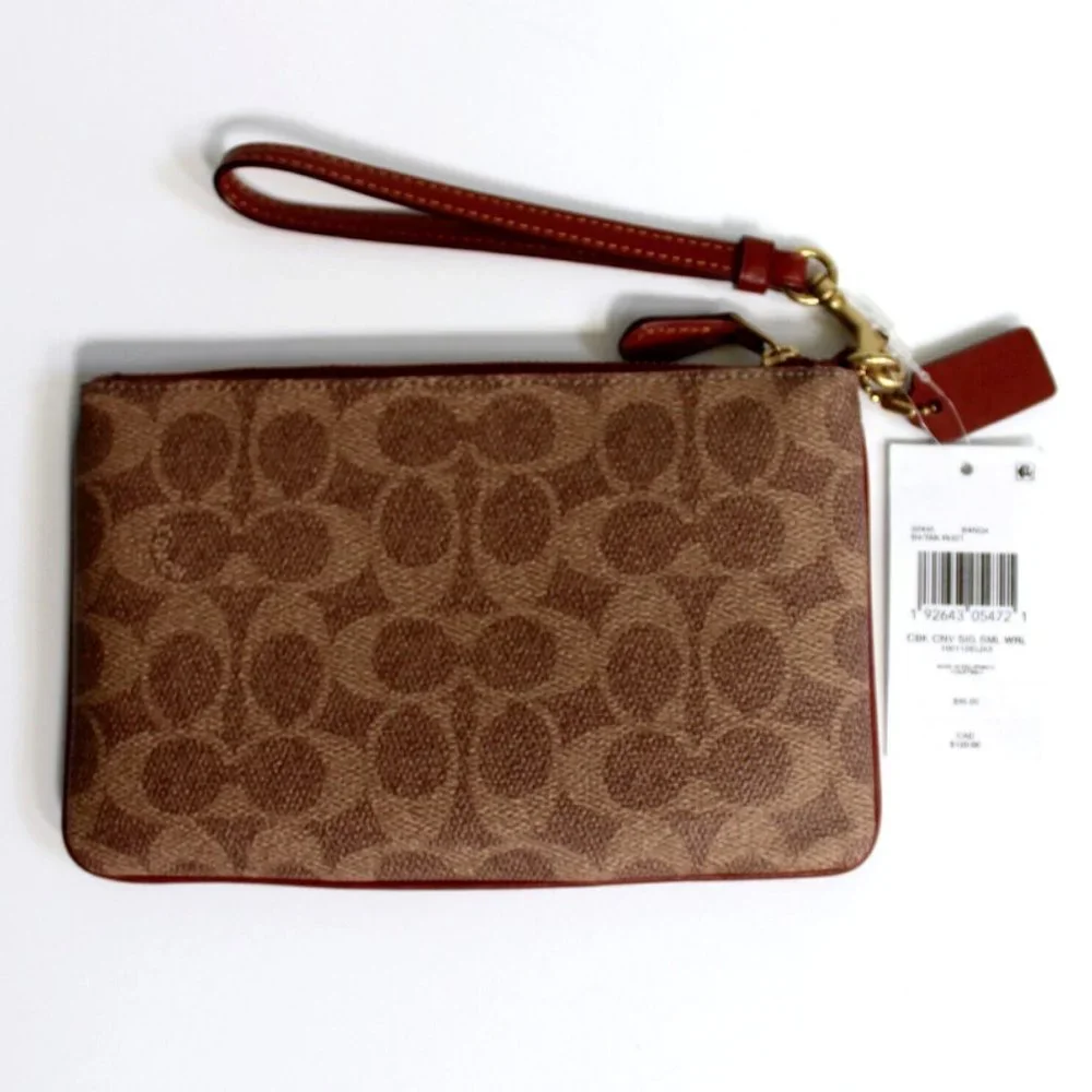 Coach Tan Rust Colorblock Coated Canvas Signature Small Wristlet